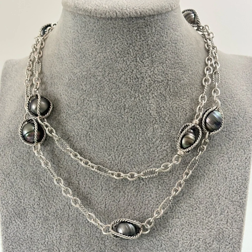 David Yurman Cable Wrapped Station Necklace with Gray Pearls 33